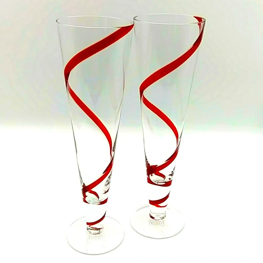 2 Pier 1 Pilsner Red Swirline Tall Glasses